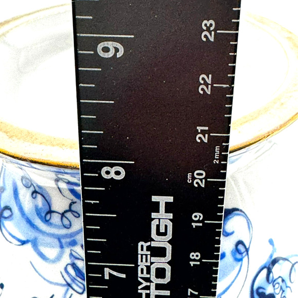 ANTHROPOLOGIE Fancy White Blue 21k Gold trim Floral Pitcher Vase. 8" inches tall - Picture 6 of 7